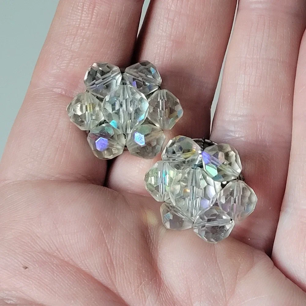 Vintage AB Crystal Cluster Clip On Earrings Womens OS Clear Good Iridescent MCM